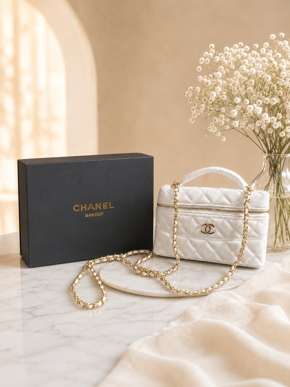 White Quilted Faux Leather Mini Vanity Crossbody Bag with Gold Chain NEW